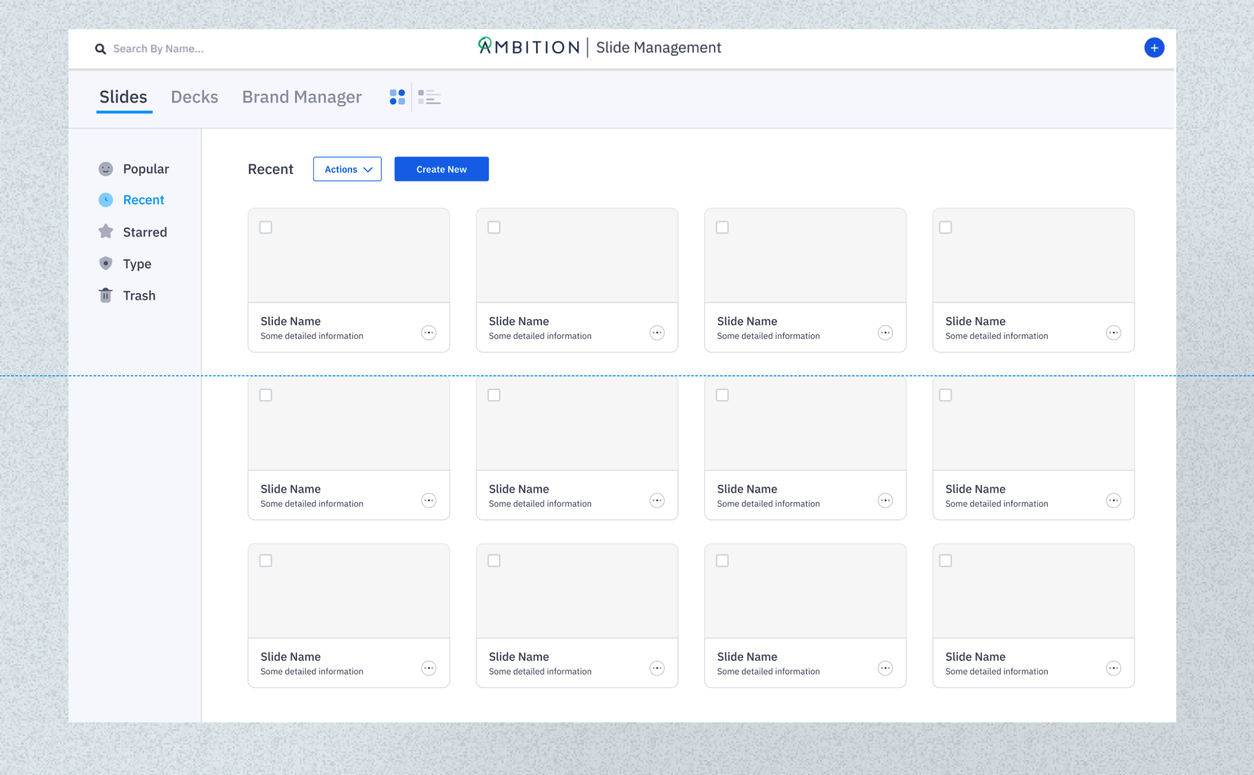 Ambition Slide Management interface showing a clean, modern web application with slide organization, filtering options, and grid-based content management system for sales presentations