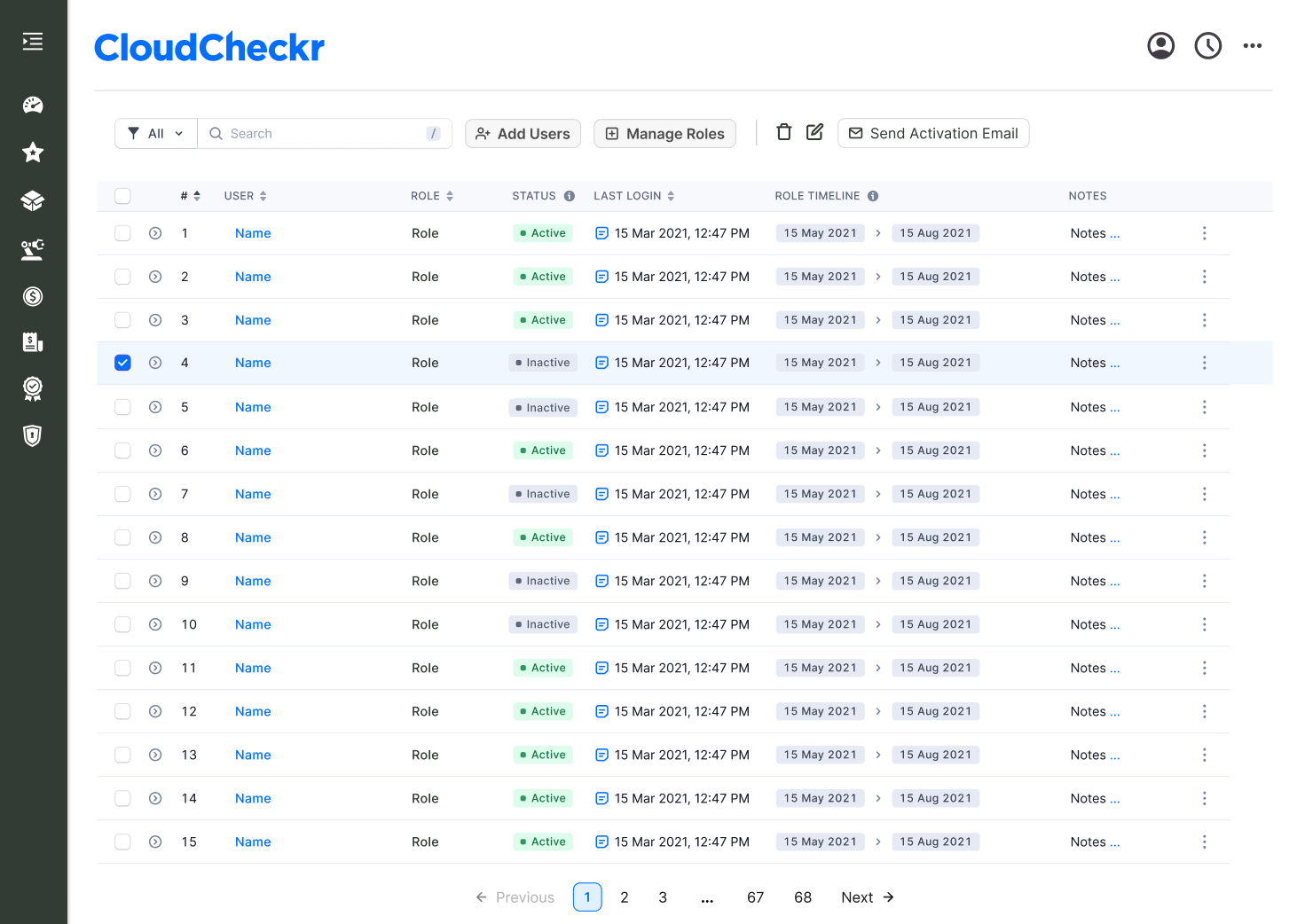 Comprehensive CloudCheckr user management table showing 15 users with bulk selection capabilities, status management, role assignments, last login tracking, and pagination controls within the full CloudCheckr platform interface