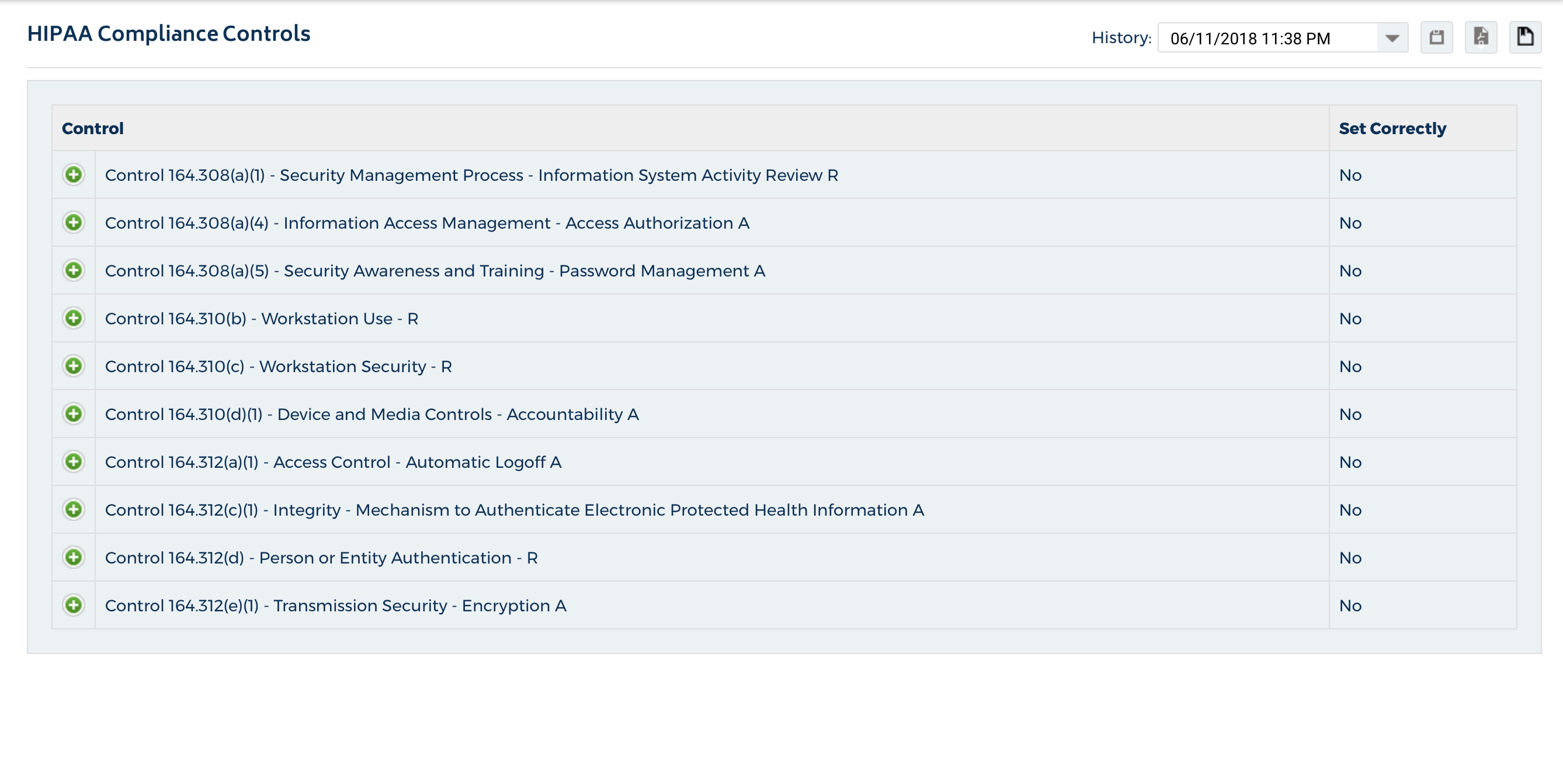 HIPAA compliance controls showing detailed security requirements and implementation status