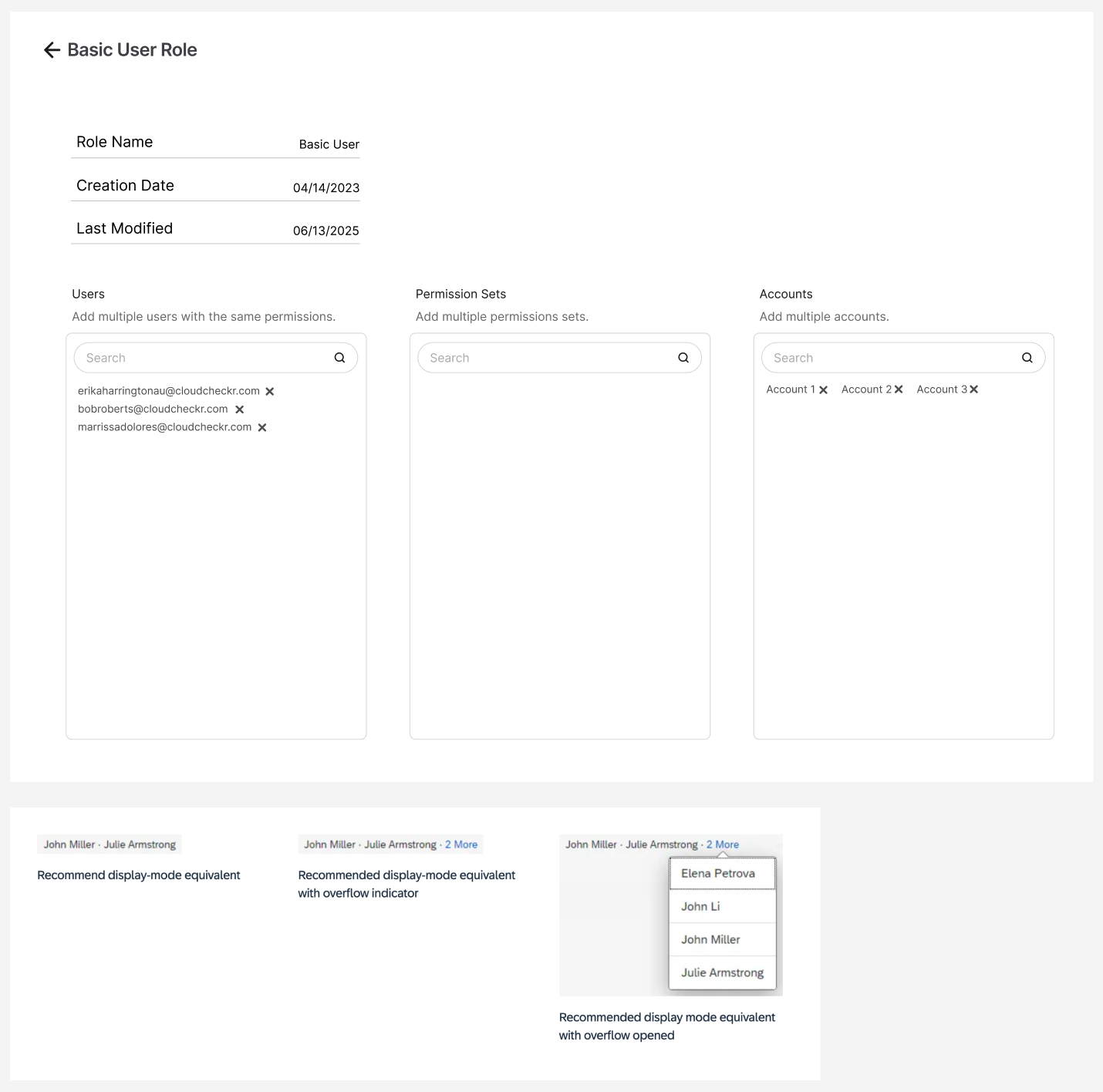 CloudCheckr role management detail interface showing comprehensive role configuration with user assignment, permission sets, and account access controls, including search functionality and bulk user management capabilities