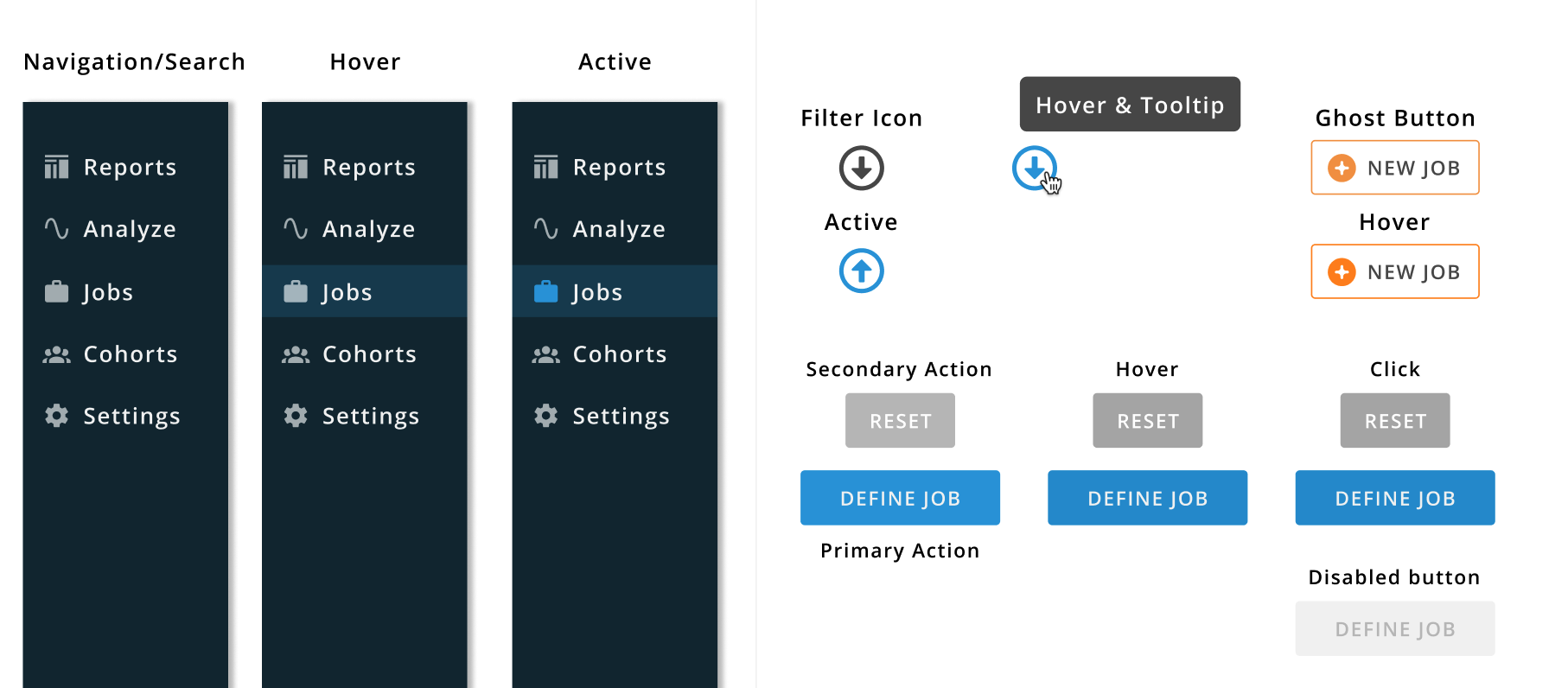 Intermix design system documentation showing navigation states, filter icons, button variations, and interactive component specifications with hover, active, and disabled states